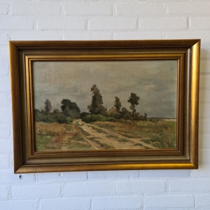 doek, 36 x 59, Hollands landschap met zandpad naar boerderij, gesigneerd Willem Oppenoorth