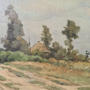 doek, 36 x 59, Hollands landschap met zandpad naar boerderij, gesigneerd Willem Oppenoorth