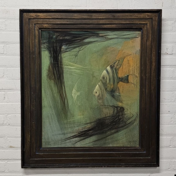 Schilderij pastel maanvissen, gesigneerd A.J. van 't Hoff. 81 x 72