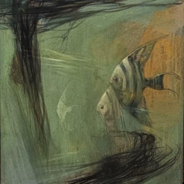 Schilderij pastel maanvissen, gesigneerd A.J. van 't Hoff. 81 x 72 - Afbeelding 2