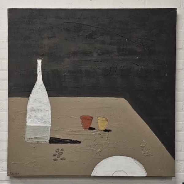 Schilderij stilleven ‘compositie 12’, gesigneerd Geke uit de Bosch. 100 x 100 cm