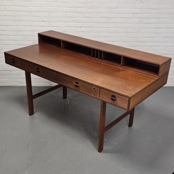 Deens vintage teakfineer Flip-Top bureau, Peter Løvig Nielsen voor Hedensted Mobelfabrik. Breedte 162 cm - Afbeelding 18