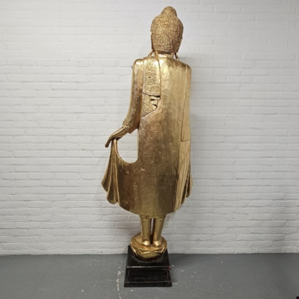 Verguld houten staande Burmese Mandalay Boeddha. Hoogte 197 cm - Afbeelding 8