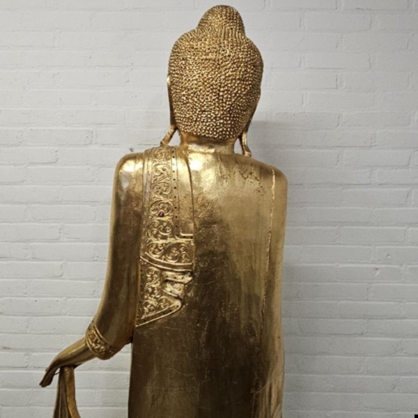 Verguld houten staande Burmese Mandalay Boeddha. Hoogte 197 cm - Afbeelding 7