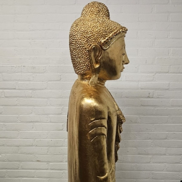 Verguld houten staande Burmese Mandalay Boeddha. Hoogte 197 cm - Afbeelding 5